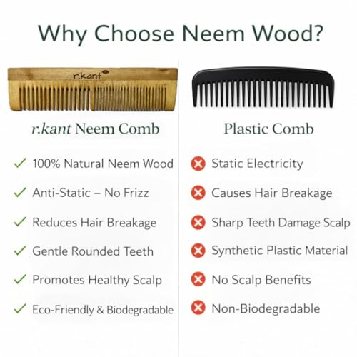 Image of R.Kant Neem Wooden Comb Combo Pack of 2 | Wide Teeth Detangler + Shampoo Comb | Natural Neem Wood | Polished Finish | Scalp Friendly | Men & Women