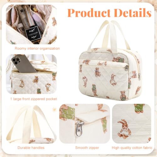 Image of MAYCREATE Large Quilted Makeup Bag Floral Cotton Travel Cosmetic Organizer with Handle for Daily Use and Trips