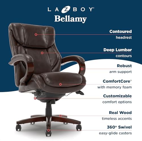 La-Z-Boy Bellamy Executive Office Chair with Memory Foam Cushions, Real Wood Arms and Swivel Base, Waterfall Seat Edge, Faux Bonded Leather, Black - Thumbnail 4