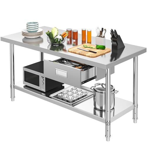 YITAHOME NSF Stainless Steel Table, 66" X 30" Work Table with Silent Drawer & Adjustable Undershelf, Metal Prep Table for Home, Kitchen, Restaurant, Garage, and Warehouse Use 66"*30" 2 Tiers