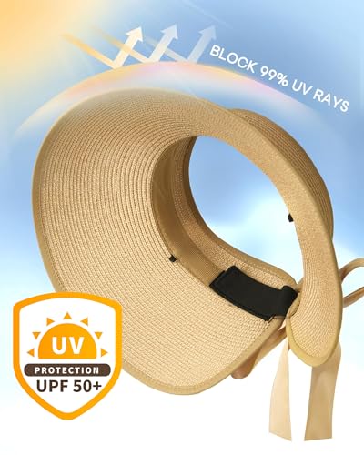 Camptrace Sun Visors for Women Wide Brim Beach Hat Foldable Straw Visor Hat Ponytail Summer Packable UPF 50+