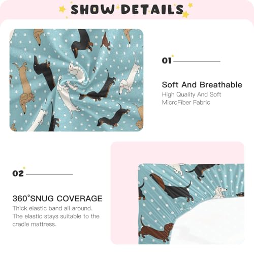 Image of Dachshund Dogs Polka Dots Blue Fitted Crib Sheet for Boys Girls Baby Crib Bedding Set for Crib Mattress,52 X 28 in
