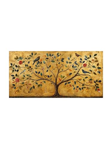 Image of 999STORE Golden Tree of Life Canvas Painting - 24x48 Inches Framed Art, Elegant Symbolic Wall Decor (FLP24480717)