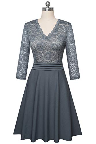 Homeyee A062 vintage damesjurk met 3/4-mouwen, bloemen, kant, geborduurd, cocktail, wijd uitlopende jurk. - Image 4