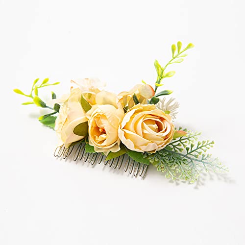 Women Fashion Hair Comb Delicate Metal Hair Side Combs Hair Comb Rose Flower Hair Comb Accessories For Brides Bridesmaids Wedding Party Festival Decoration (Yellow) #TOP1