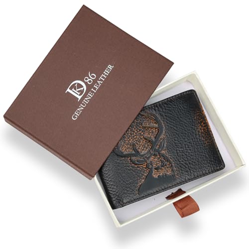 Image of DK86 Deer Wallet for Men Slim Rfid Bifold Genuine Leather 2 ID Window With Gift Box (black brown with deer)
