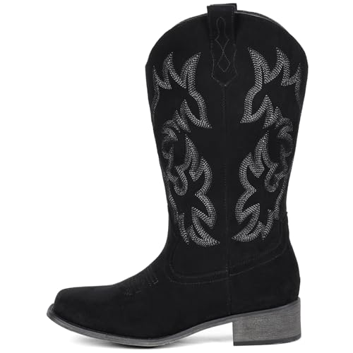 Image of IUV Cowboy Boots For Women Square Toe Wide Mid Calf Western Pull On Suede Fashion Black Brown Cowgirl Boots