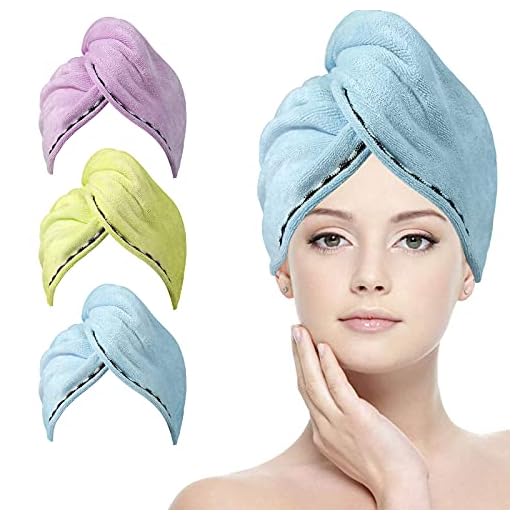 ACWOO Toallas para Secar El Pelo, 3pcs Gorro de Pelo Seco y 6pcs Banda Elástica Set, Toalla de Microfibra para Secar El Cabello, Turbante de Secado Rápido para Mujer (Azul, Amarillo, Morado)