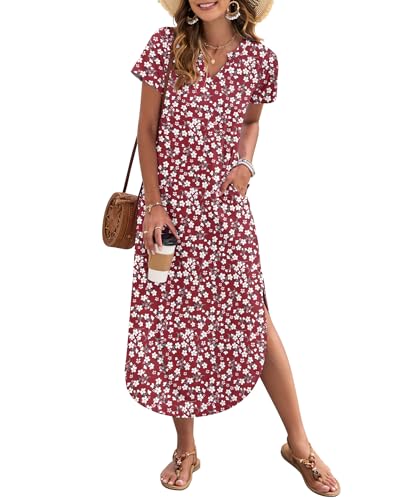 AUSELILY Women's Summer Casual Maxi Dress Short Sleeves V Neck Loose Sundress Split Long Beach Shirt Dress Vacation Tiny Red Floral S
