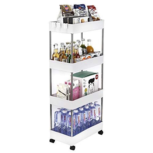 Slim Storage Cart 4 Tier Mobile Shelving Unit Organizer, Utility Rolling Shelf Cart with Wheels for Bathroom Kitchen Bedroom Office Laundry Narrow Places,White