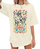 He is Risen Shirt Womens Happy Easter Tshirt Jesus is Risen Shirts Wildflowers Graphic Tees Easter Oversized Tops Apricot