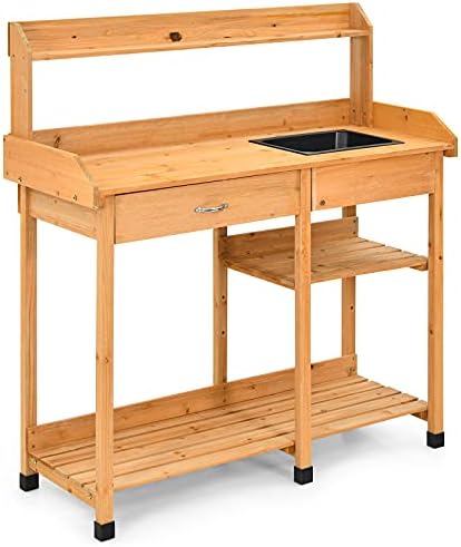 TANGZON Wooden Potting Bench, Garden Planting Table with Sink, Drawer, Shelves and 3 Hooks, Flower Plant Potted Bench Workstation for Patios & Courtyards