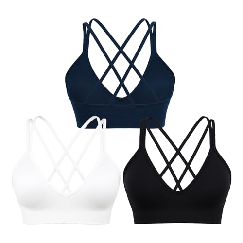 Image of Sports Bra for Women V-Neck Strappy Criss Cross Yoga Bra Padded Medium Support Workout Gym Athletic Fitness Bras 3 Pack