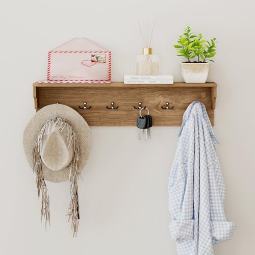 COSTWAY Percheros Pared con Estante, Estanteria Pared con 6 Ganchos, Perchero Entrada Recibidor Salón Dormitorio Baño, 80 × 14 × 20 cm (natural) - imagen 7