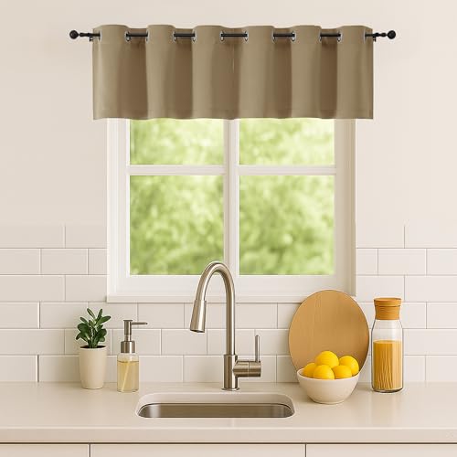 Image of Simplebrand Taupe Window Valance for Kitchen 14 Inches Long 2 Panels Set, Room Darkening Valance Curtains for Living Room, Grommet Short Privacy Kitchen Curtains for Bedroom Kids Room, 40Wx14L