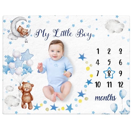 Image of Baby Milestone Blanket - Blue Classic Bear Monthly Milestone Blanket for Baby Boy Bear Soft Touch Photography Background Photo Backdrop for Newborn Baby Growth Chart 60" X 40"