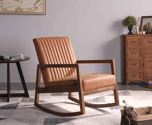 Cimoo Faux Leather Rocking Armchair For Nursery Mid Century Modern Recliner Accent Chair Comfy Lounge Arm Chair For Bedroom/Living Room, Retro Brown Pu #TOP1