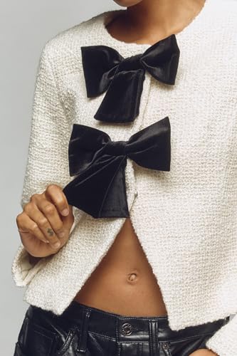 Women's Bow Front Tweed Jacket Elegant Slim Collarless Cropped Lady Jacket4