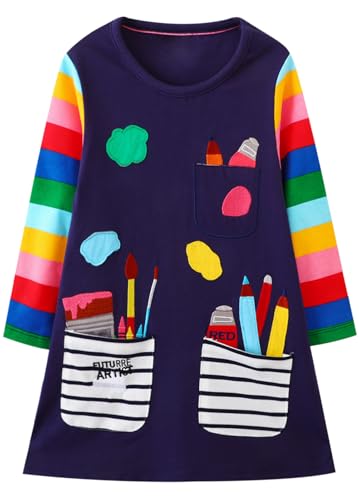 Ropa Para Niña, Softlines Private Label Hongshilian Vestido de dibujos animados para niñas, vestido de fiesta, casual, de algodón, manga larga, Painter & Multicolor, 6 Años