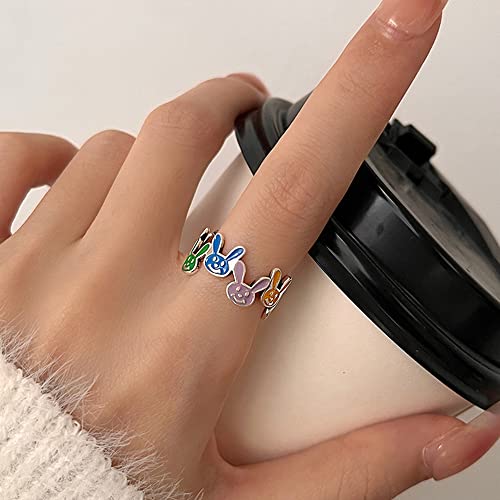 Colorful Rabbit Open Statement Rings 925 Sterling Silver For Women Girls Adjustable Cute Animal Pet Bunny Finger Band Stacking Ring Promise Rings Easter Jewelry Gifts #TOP1