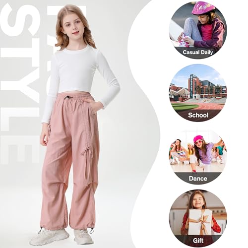 Image of Rolanko Wide Leg Girls Parachute Cargo Pants for Girls Butterfly Y2K Kids Cargo Jogger Trousers with Pockets Loose Fit