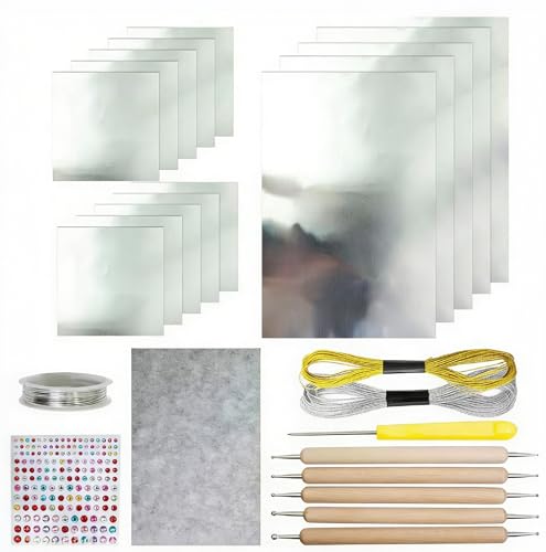 15pcs foil Embossing Craft Foil Sheets Gold Foil Sheets Decorative Metal Sheet Embossing Tools for Painting Gilding Crafting Decoration with 2 Rolls Wire (Silver Set)