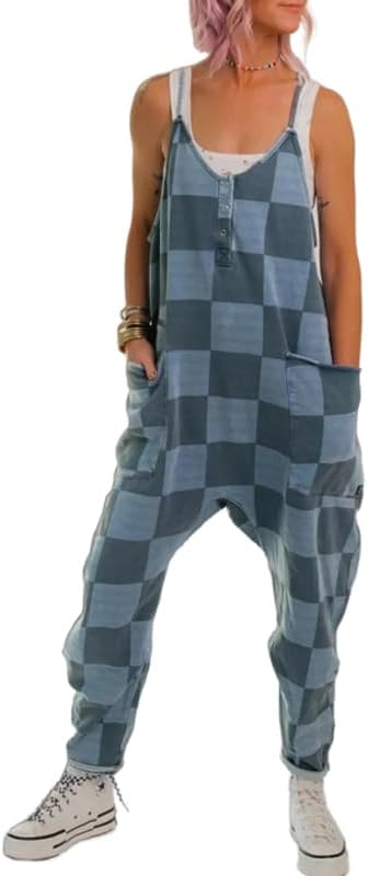 Checkerboard Grid Suspender Jumpsuit, Womens Sleeveless Checkered Overalls with Strap and Front Pocket