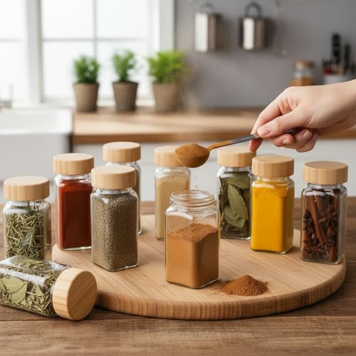 Image of WHISKET - 100 Ml Multipurpose Spice Jars Set With Bamboo Lids | Square Spice Jars Set| Moisture-Resistant Masala, Herbs & Seasonings Storage Containers. (8)