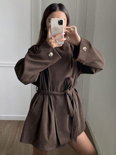 Chic Brown Womens Fall Winter Jacket: Loose Long Sleeve Pocket Belted Trench Coat (Medium) - Image 5