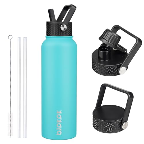 Image of BJPKPK Insulated Water Bottles with Straw Lid, 40oz Stainless Steel Water Bottles with 3 Lids, BPA Free Leakproof Thermo, Tumblers, Cups for Sports, Gym- Turquoise