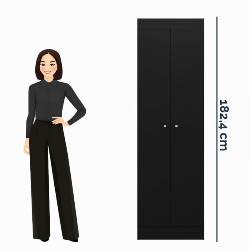 ACTUAL DIFFUSION Aura Armoire Multifonctions Noire 2 Portes 6 Niches 5 Étagères L 55 cm H 182.4 cm P 35 cm