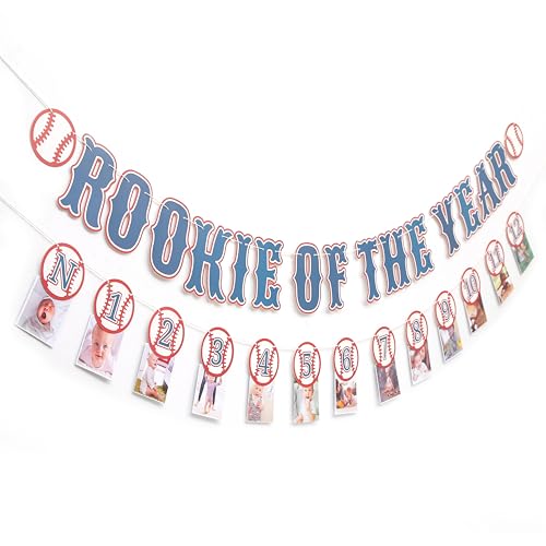 Rookie Of The Year 12 Month Photo Banner - Baseball First/1st Birthday Decorations Rookie Of The Year Banner Sports Birthday Party Decor (blue3)