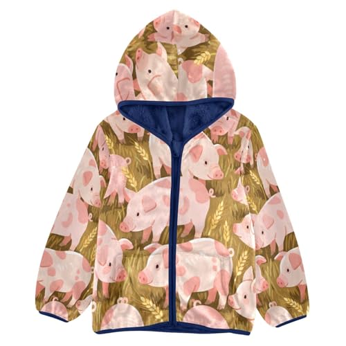 Pigs in Wheat Field Pattern Toddler Fleece Jacket Girl Boys Hooded Fleece Jacket Coat Warm Outwear Zip-up 3-10T