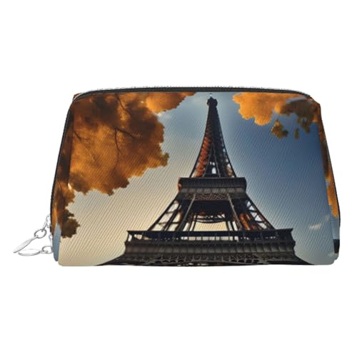 Beautiful Eiffel Tower Paris Print Leather Cosmetic Pouch, Leather Makeup Bag for Purse with Top Zip Closure Stylish Toiletry Bag