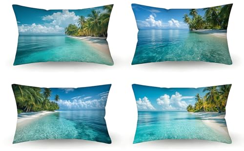 Cojines Sofa Mar Cojines Exterior Juego de 4 Funda Cojin 40x60 Lino Funda de Almohada Rectangular, Paisaje Cojin Impermeable, Sofa Jardin Exterior Pillow Case, Decoracion Jardin, m-165
