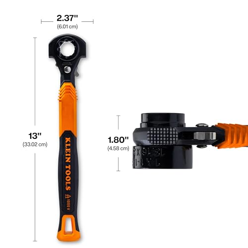 Image of KLEIN TOOLS KT171HFINS 5-in-1 Insulated Lineman Wrench with Dual Hammer Faces, 1000V Rated, Ratcheting Pass-Through Design, Tether Hole, Ergonomic Grip for Utility Pole Hardware