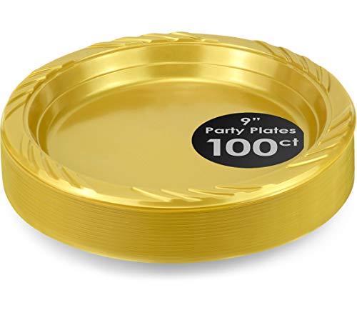 DecorRack 100 Plastic Party Plates, Heavy Duty 9 inch Disposable, Dark Gold