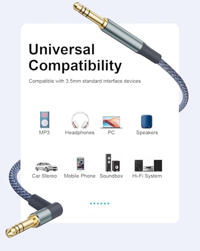 Ticenpe Aux Kabel Audio Kabel 3,5mm Klinkenkabel [1,2M] 90 Grad Aux Kabel mit Winkelstecker, Nylon Geflochtenes Kabel Stereo Klinke auf Klinke für Kopfhörer,Autoradio,Handy,PC,Soundbar,Stereoanlage