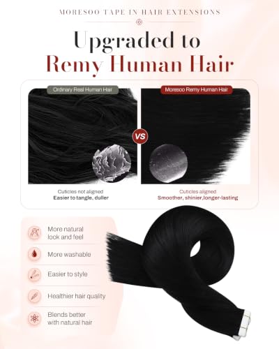 Image of Moresoo Jet Black Tape In Human Hair Extensions, 12 Inch, 40Pcs, 60g | Tape in extensions human hair, fuller density, remy straight texture, flat tabs for short styles and everyday volume
