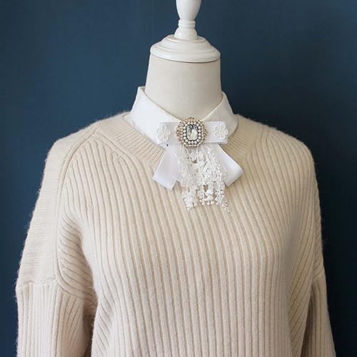 Image of Lace Ribbon Bow Tie Brooch Rhinestone Pearl Necktie for Girl Women Fashion jabot collar brooch pins Pre-Tied Corsage