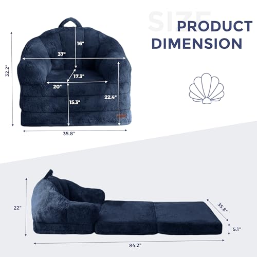Image of MAXYOYO Folding Sofa Bed, 2 in 1 Convertible Sofa to Lounger Comfy Single Bean Bag Chair for Adults, Floor Couch with Handle, Faux Fur Couch Bed for Living Room Bedroom, Navy