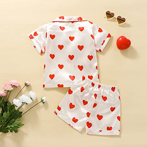 MAINESAKA Toddler Baby Girl Silk Satin Pajamas Valentines Day Pjs Heart Print Button Down Shirt Shorts/Long Pants Sleepwear3