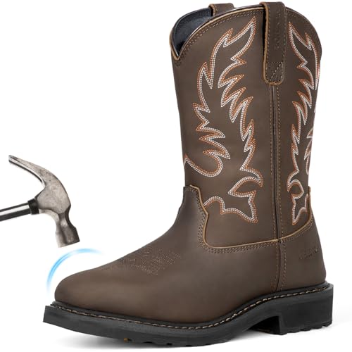Men's Cowboy Work Boots, Square Steel Toe EVA Mid-Sole with GoodyearWelt Leather Anti Slip Western Men's Brown Boots for Manufacturing, Construction, Farming, Size 7-14 Dark Brown 11.5