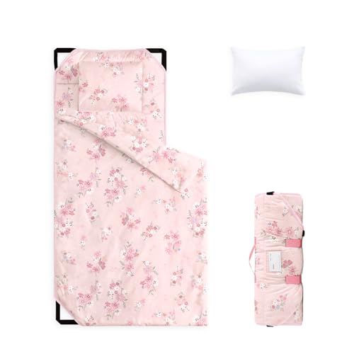 Image of Wake In Cloud - Cot Nap Mat with Pillow and Blanket, 100% Cotton Fabric, for Toddler Kids Girls Ages 3 Plus in Daycare Kindergarten Preschool with Elastic Corner Straps, Floral Flowers