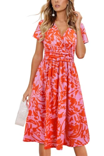 Image of Newshows Women's Pockets Wrap V Neck Floral Summer Vacation Casual Sundress | Wrinkle Free, Stretchy, Summer Beach Floral Sundress 2026, Casual Dress for Vacation, Guaduation, Side Pockets, A-line