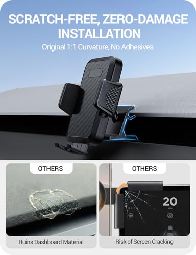 Image of BASENOR Phone Mount for 2025 2026 Tesla Model Y Juniper /Model 3 Highland, Dashboard Phone Holder Does Not Block View [No Adhesive][Dual Arms][360 Adjustable] Tesla Accessories Fit All Smartphone