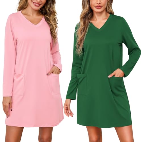 Marvmys Women Long Sleeve Nightgowns Comfy V Neck Nightshirts 2 Pack Sleep Shirts with Pockets Sleepwear S-3XL Small Pink&green