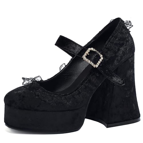LUXMAX Women's Goth Lolita Shoes Platform Mary Janes Chunky Heel Pumps Lace Flower Gothic Heels Cosplay Shoes