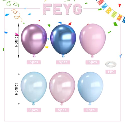 Image of Pink and Blue Balloons,12 Inch Metallic Baby Blue Pink Purple Balloons,Latex Balloon with Ribbon,for Girl Birthday Baby Shower Gender Reveal Party Decorations