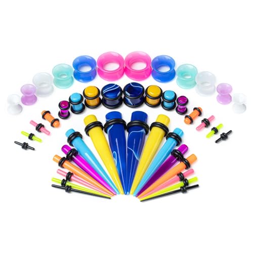 50-teiliges Ohrdehnungs-Set, Acryl-Kegel und Plugs + Silikon-Tunnel, Ohrmessgerät, Expander-Set, Körperpiercing, Schmuck, Ohrhorne, Einheitsgröße, Acryl